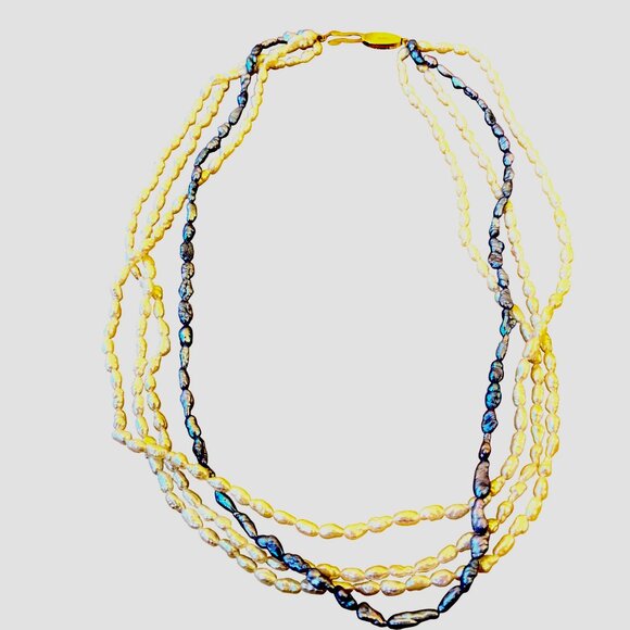 Vintage Fresh Water Pearl Necklace 3 Strands White & Blue Sterling Silver Clasp - Picture 7 of 10